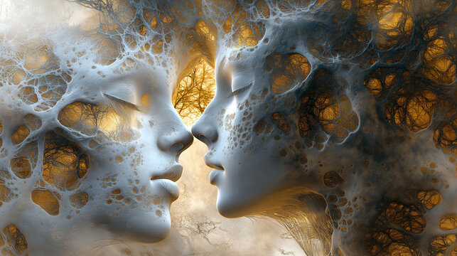 A pair of ethereal faces in surreal organic fusion, conveying abstract interconnectedness and human emotion through intricate, webbed textures in digital art form.