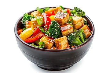 Bowl of tofu, broccoli, peppers, and sesame seeds.