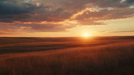 Sunset on the horizon over a vast landscape grasslands national park val marie saskatchewan canada : Generative AI