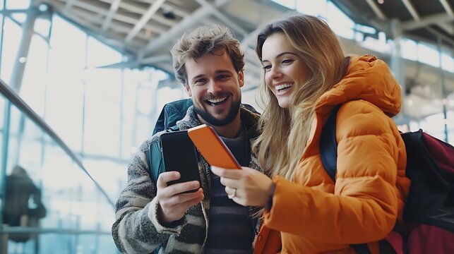 Happy couple airport and phone with ticket travel app and adventure with excited face conversation and smile Man woman and smartphone for digital booking of hotel taxi or bus for trans : Generative AI - Powered by Adobe