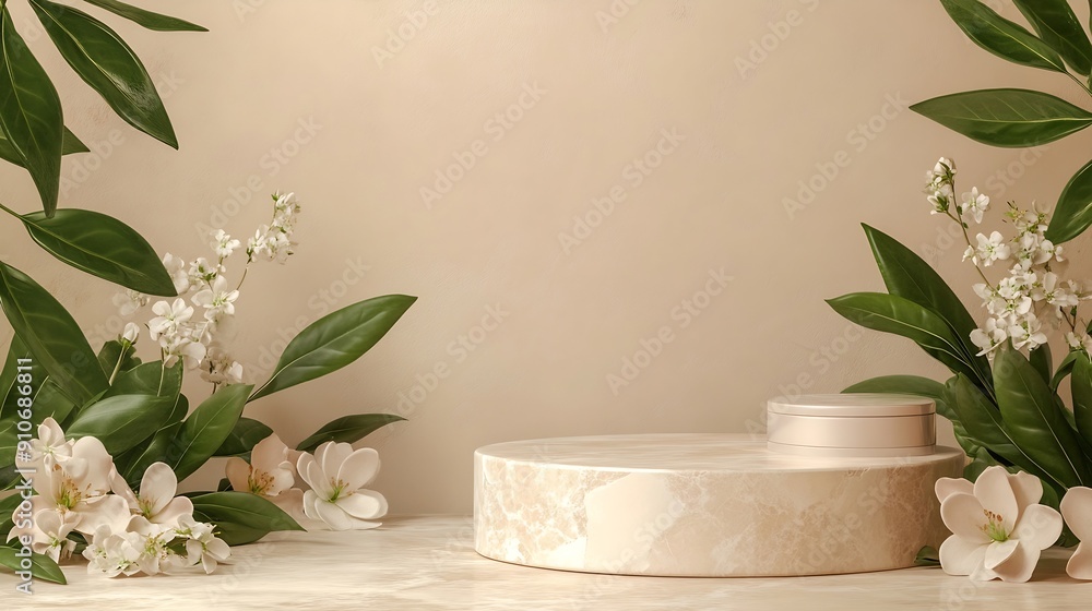 Poster light beige marble stone podium stand for cosmetics and product display on abstract beige background