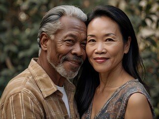 Naklejka premium Portrait of a couple of black man from Africa and white woman from Asia, individuals of different races