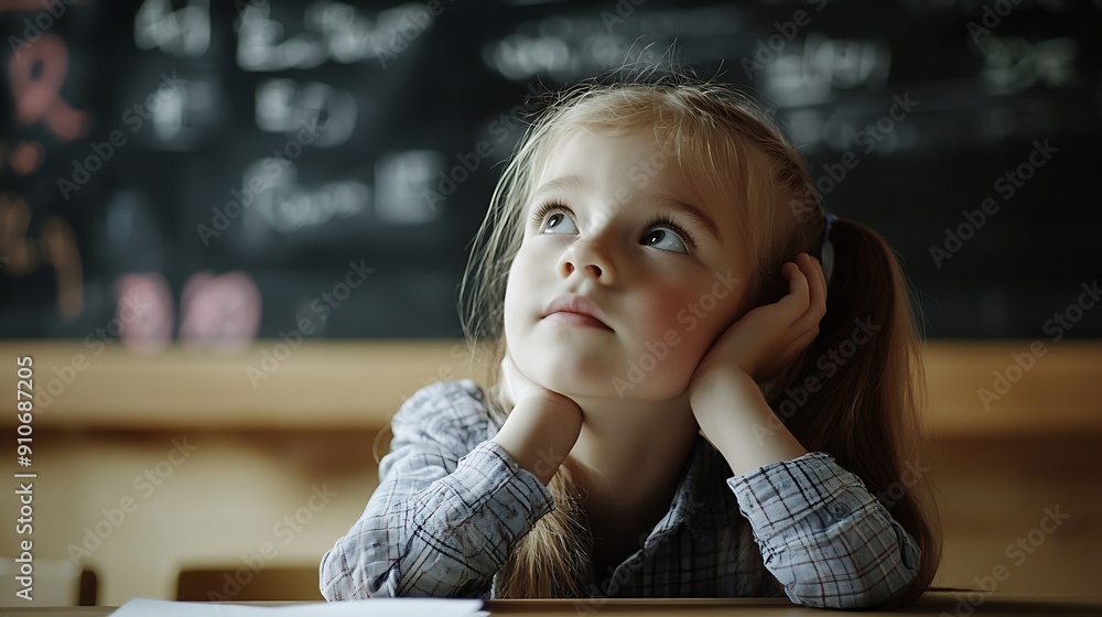 Poster a young girl attentively sits at a desk in front of a blackboard listening to her teachers instructi