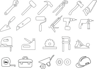 Set of construction tools, instruments, equipment. Outline renovation symbols collection. Editable stroke. Vector illustration with transparent background.