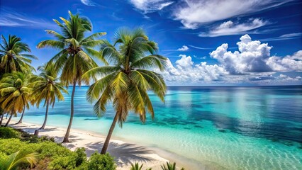 Panorama of Caribbean paradise with turquoise sea, blue sky, and palm trees , beach, vacations, tropical