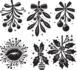 Christmas elements vector, Mistletoe christmas black vector bundle,
