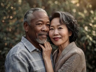 Portrait of a couple of black man from Africa and white woman from Asia, individuals of different races