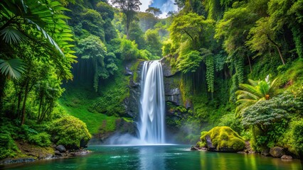 Fototapeta premium Tropical waterfall surrounded by lush green forest vegetation, waterfall, tropical, forest, lush, green, nature, beauty