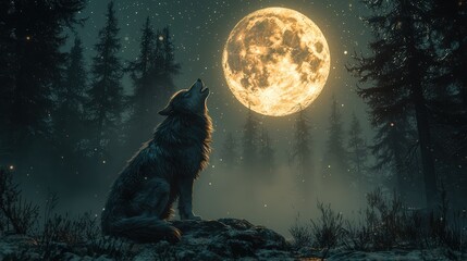Majestic Wolf Howling at Full Moon in Mystical Forest Night Scene with Starry Sky and Glowing Moonlight