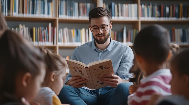 Male teacher reading a book to students while sitting in school library Librarian read a fairy tale to a group of multiethnic primary schoolchildren Mid adult man at elementary school  : Generative AI