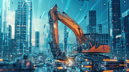 Orange Excavator in a Futuristic Cityscape