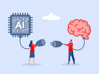 Human brain with ai chip processing unit.people Human and ai Artificial Intelligence working together, machine or automation to help or support work, solution or connect idea concept, vector
