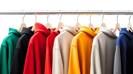 Row of different colorful youth cashmere sweaters and hoodies sweatshirts and on a clothes rack Isolated on white background Multicolored hoodies on hangers in a sports store clothing  : Generative AI