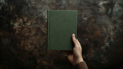 Hand Holding Green Notebook on chocolate brown template background : Generative AI