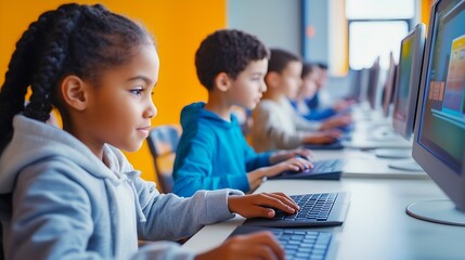 Elementary School Children Learning Basic Computer Knowledge Teacher Educating Smart Diverse Kids in a Modern Colorful Classroom Schoolchildren Getting Experience with Technology : Generative AI