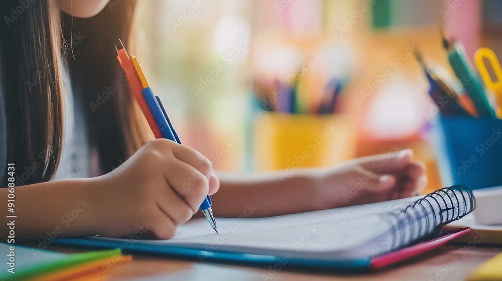 Aufkleber Teacher woman and help kid for education study or writing knowledge in notebook at class Child educator and student learning in lesson for development teaching and support at kindergar : Generative AI