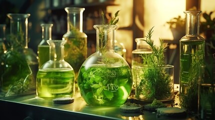 Natural drug research and organic extraction: glassware featuring scientific analysis of alternative green herb medicine, natural skin care beauty products, and laboratory development concepts


