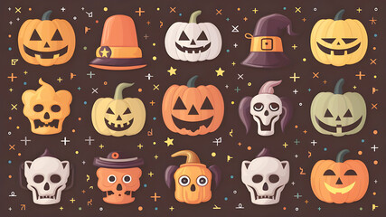 background with a set of halloween icons, pumpkin, skull on a dark background