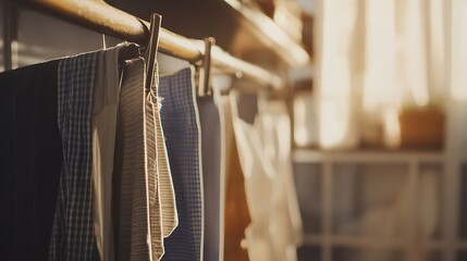 Clean laundry hanging on drying rack indoors closeup : Generative AI