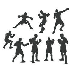Man doing boxing moves exercise. Jab Cross Hook and Uppercut movement. Shadow boxing. Flat vector illustration isolated on white background, Boxing Silhouettes 