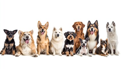 Huge dog group with different dogs isolated on white : Generative AI