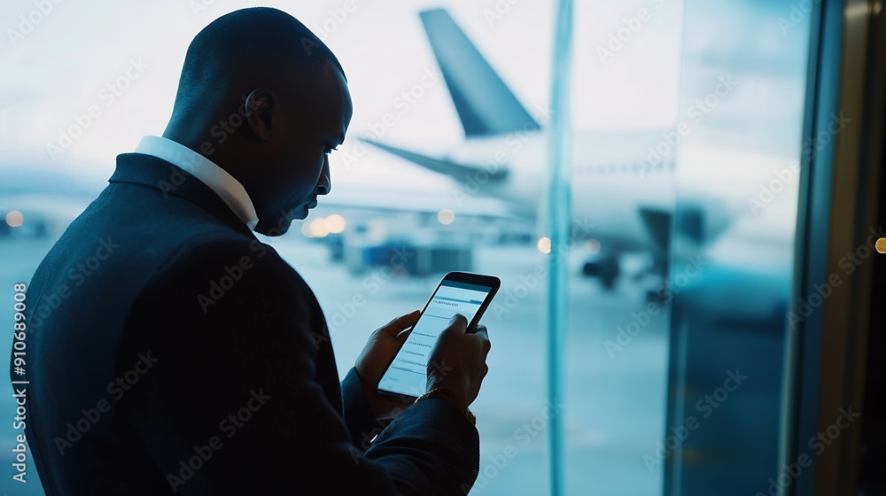 Poster black man with phone airport window and plane taking off checking flight schedule terminal for busin