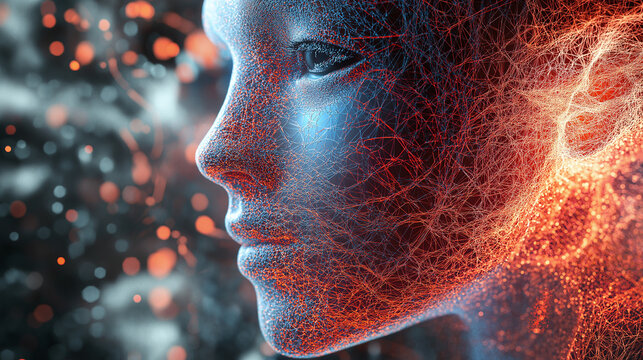 A digital abstract depiction of a human face interwoven with glowing network lines, representing the fusion of humanity and technology in a futuristic, digital era art.