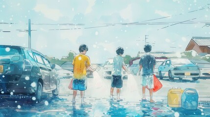Three friends stand by a rainy street, reflecting childhood joy and adventure in vibrant colors and a lively atmosphere.