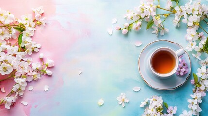 Springtime Tea Party: A delicate floral frame of cherry blossoms surrounds a steaming cup of tea, inviting a moment of tranquility amidst a pastel dream. 