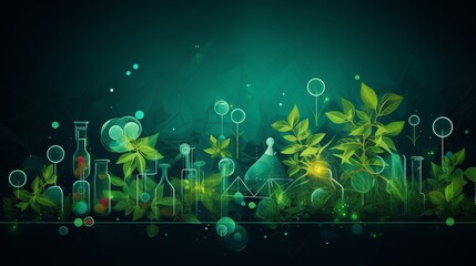 Elegant green plant background with intricate biochemistry structures overlay, featuring detailed molecular diagrams and scientific elements for nature and science themes, ideal for educational and re
