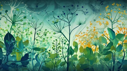 Elegant green plant background with intricate biochemistry structures overlay, featuring detailed molecular diagrams and scientific elements for nature and science themes, ideal for educational and re