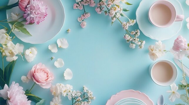 Pastel Tea Party Dreams: A delicate flat lay featuring pastel pink and white flowers encircling teacups and plates on a serene blue background, with ample copy space for your message.