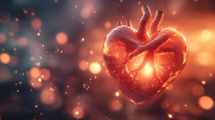 A 3D-rendered heart floating in a serene digital space with soft, glowing lights. The background offers ample copy space for World Heart Day messages, emphasizing the importance of heart health. The