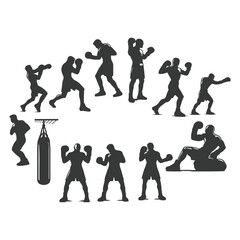 Man doing boxing moves exercise. Jab Cross Hook and Uppercut movement. Shadow boxing. Flat vector illustration isolated on white background, Boxing Silhouettes 