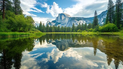 Half Dome reflecting in a Mirror Lake Yosemite National Park California USA : Generative AI