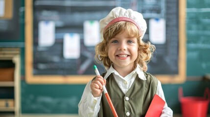 Little Scholar: Happy Child in Teacher Attire with Chalk in Classroom Setting