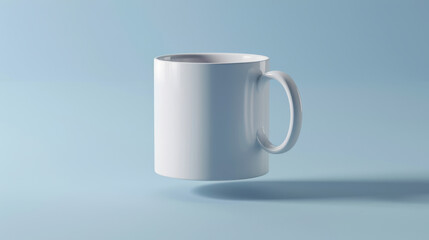 Fototapeta premium A 3D rendering of a white ceramic mug, floating mid-air against a gradient light blue background