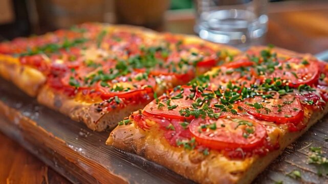 This Freshly baked flatbread topped with tomatoes and herbs on a wooden board.
