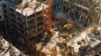 Aerial View of a Construction Site with a Partially Built Concrete Building