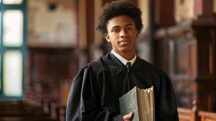Contemplative Young Judge in Robe Holding Law Book in Courtroom Setting