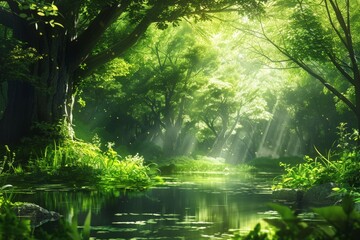 Obraz premium Serene Forest Scene with Sunlight Streaming Through Lush Foliage onto a Tranquil Pond