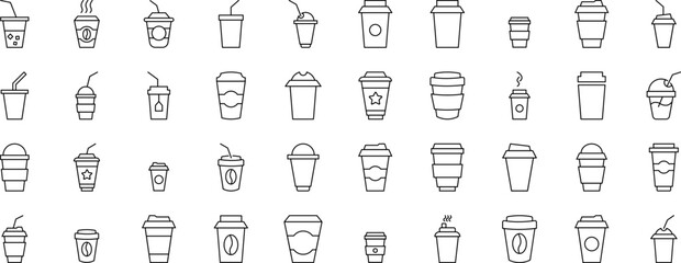 Collection of Icons of coffee, tea or other drinks in disposable cups. Suitable for books, stores, shops. Editable stroke in minimalistic outline style. Symbol for design