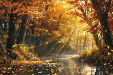 Majestic Autumn Forest Bathed in Sunlight with Falling Leaves Over a Tranquil Stream