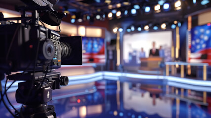 Professional TV News Studio with Camera and Anchor Desk in Focus, Bright Lights and American Flag Background