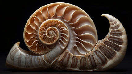 Obraz premium A Close-Up of an Intricately Detailed Nautilus Shell Against a Dark Background, Highlighting Its Spiral Patterns and Glossy Finish