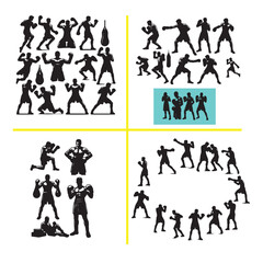 Man doing boxing moves exercise. Jab Cross Hook and Uppercut movement. Shadow boxing. Flat vector illustration isolated on white background, Boxing Silhouettes 