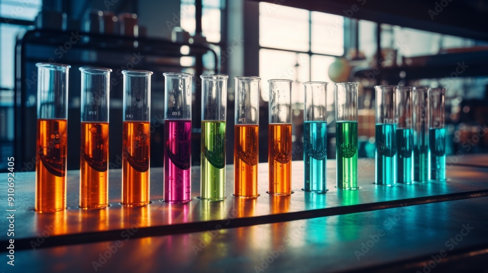 Poster laboratory scientist conducting experiments with test tubes and advanced equipment in modern science