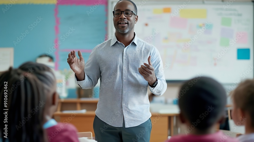 Poster A man teacher standing confidently in front of a diverse group of kids actively instructing them in a bright lively classroom setting : Generative AI