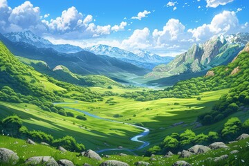 Fototapeta premium Expansive view of a serene valley with lush greenery and distant snow capped mountains under a bright blue sky
