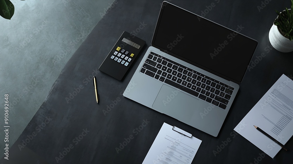 Aufkleber Top view mock up sales summary slide show presentation on display laptop with calculator and paperwork on table in meeting room : Generative AI